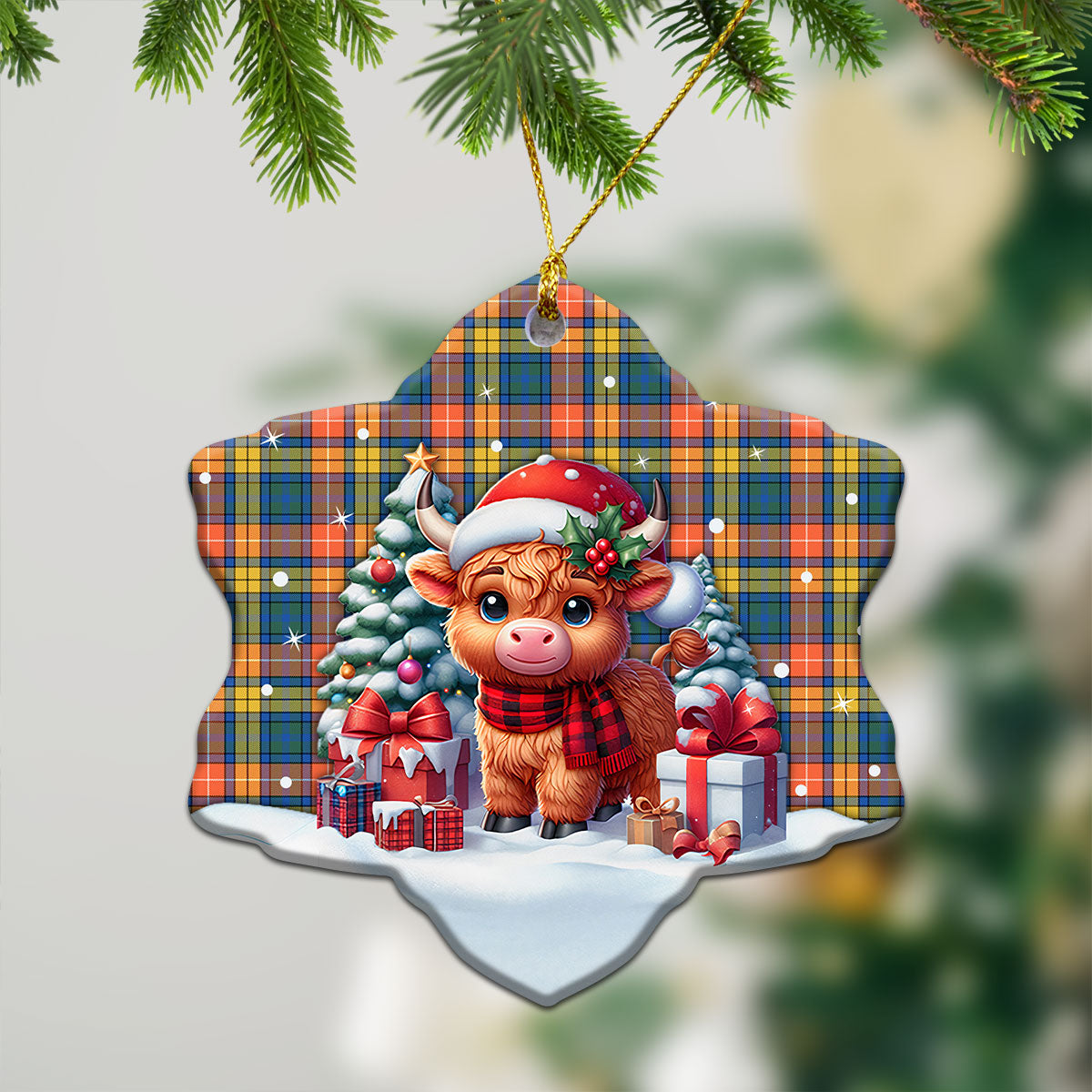 Buchanan Ancient Tartan Christmas Ceramic Ornament - Highland Cow Winter Style