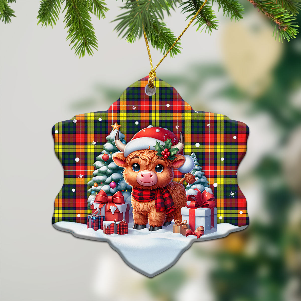 Buchanan Modern Tartan Christmas Ceramic Ornament - Highland Cow Winter Style