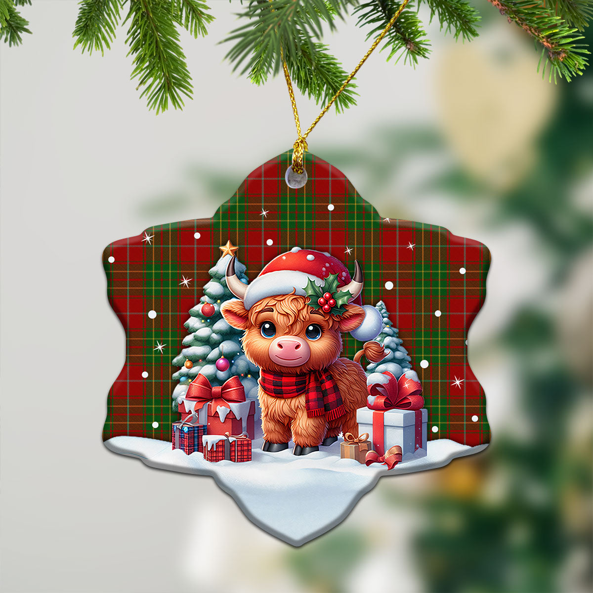 Burnett Tartan Christmas Ceramic Ornament - Highland Cow Winter Style