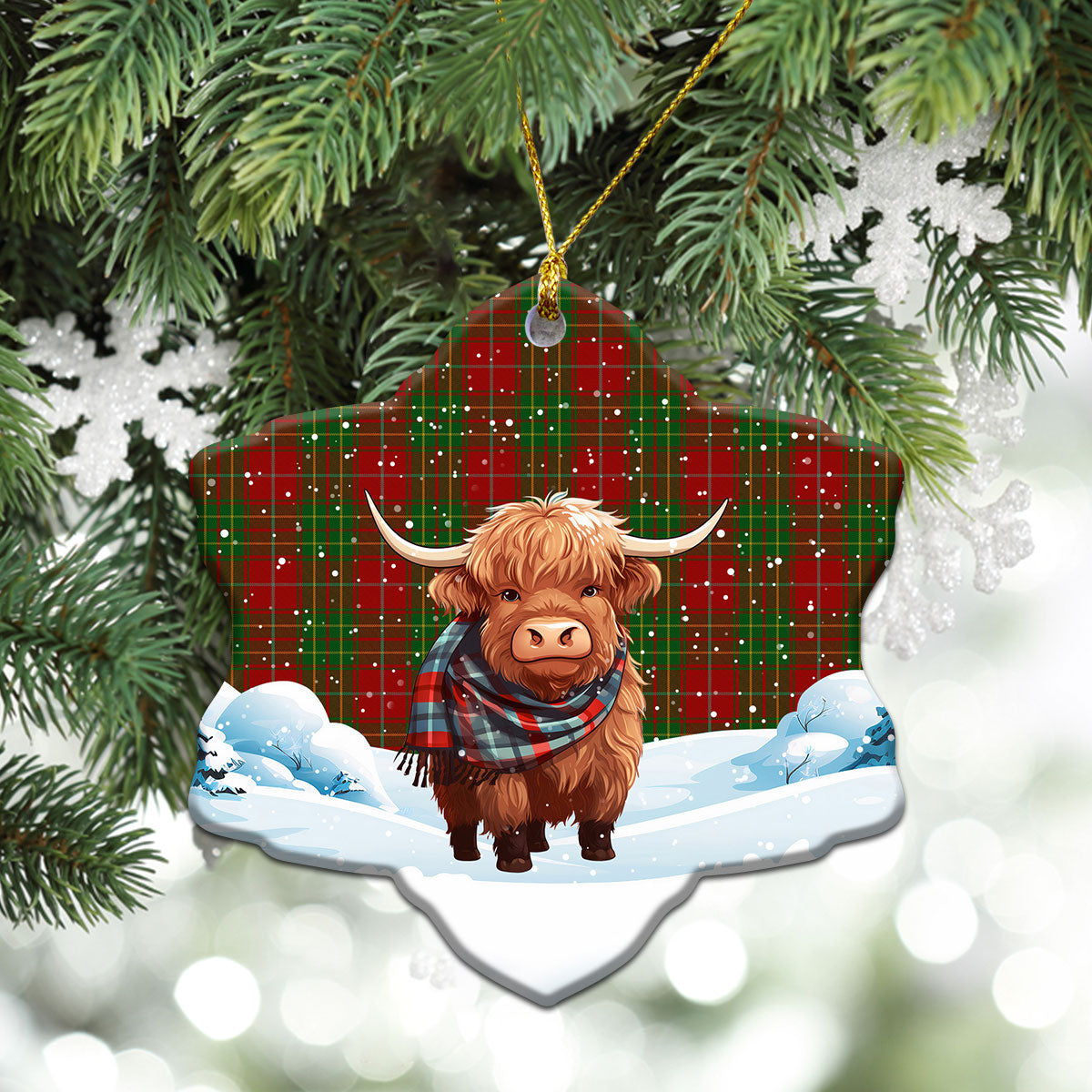 Burnett Tartan Christmas Ceramic Ornament - Highland Cows Snow Style