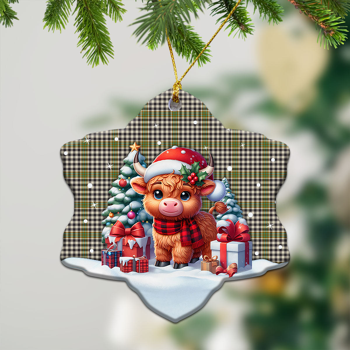 Burns Check Tartan Christmas Ceramic Ornament - Highland Cow Winter Style