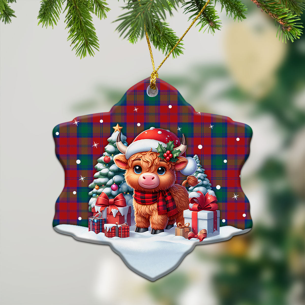 Byres Tartan Christmas Ceramic Ornament - Highland Cow Winter Style