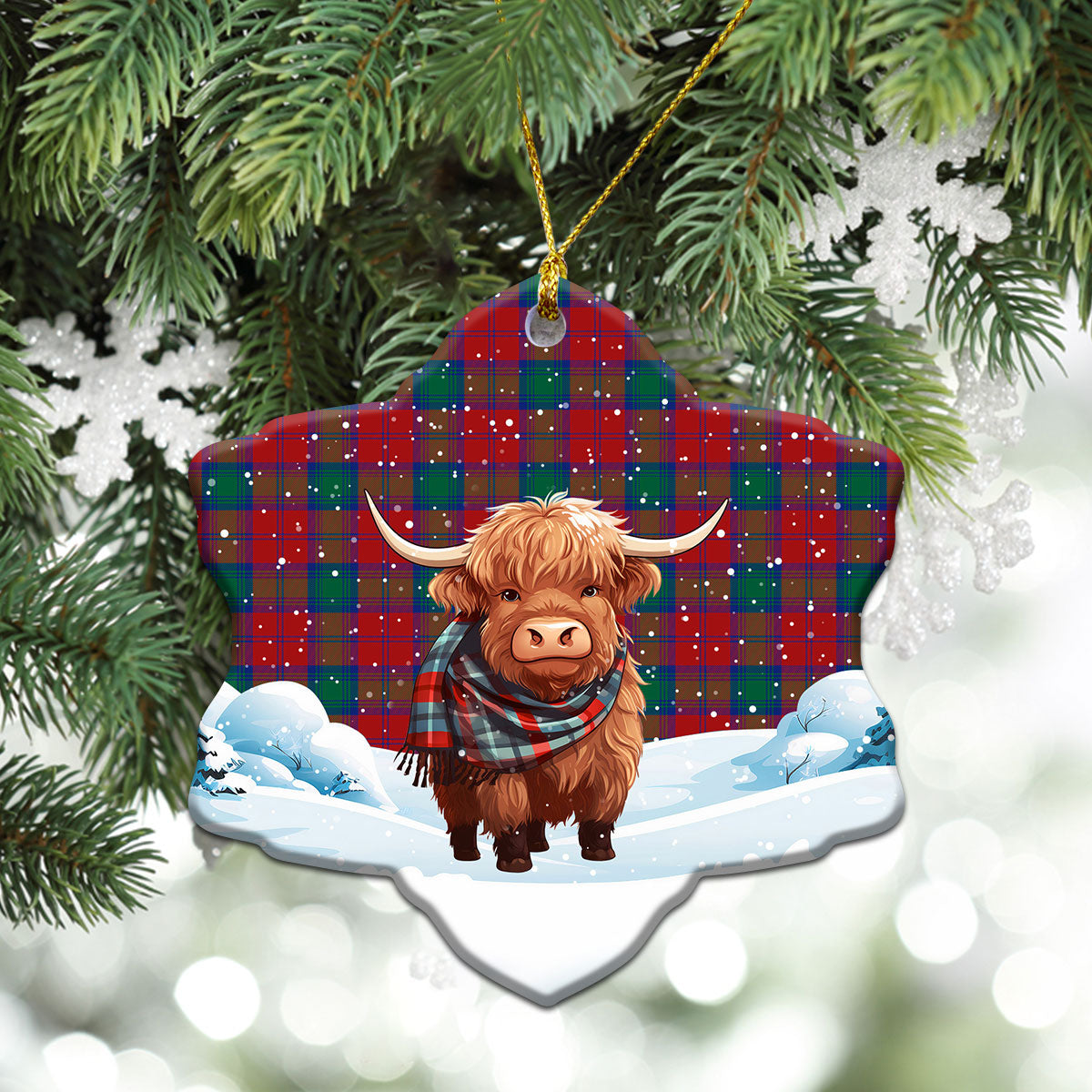 Byres Tartan Christmas Ceramic Ornament - Highland Cows Snow Style