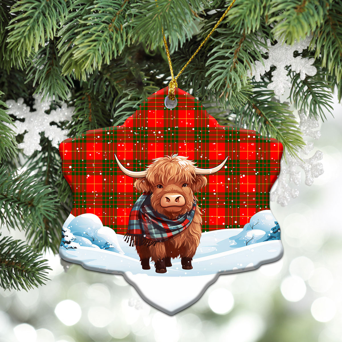 Cameron Modern Tartan Christmas Ceramic Ornament - Highland Cows Snow Style