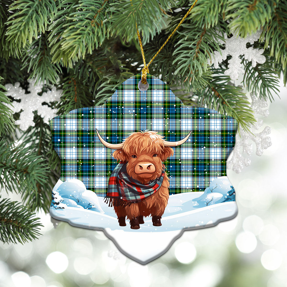 Campbell Dress Tartan Christmas Ceramic Ornament - Highland Cows Snow Style