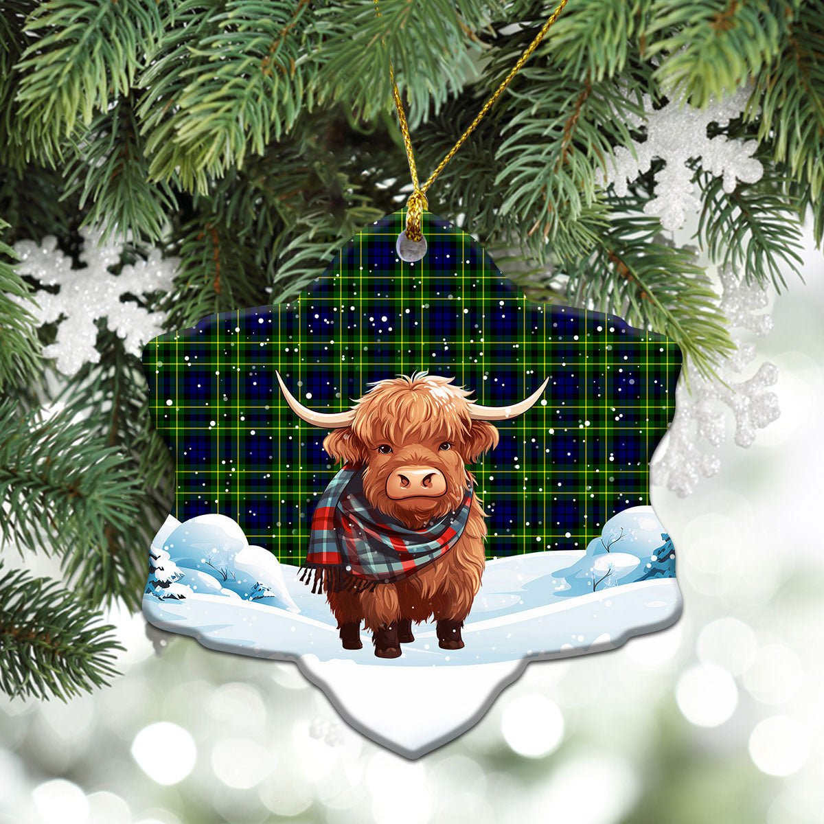 Campbell of Breadalbane Modern Tartan Christmas Ceramic Ornament - Highland Cows Snow Style