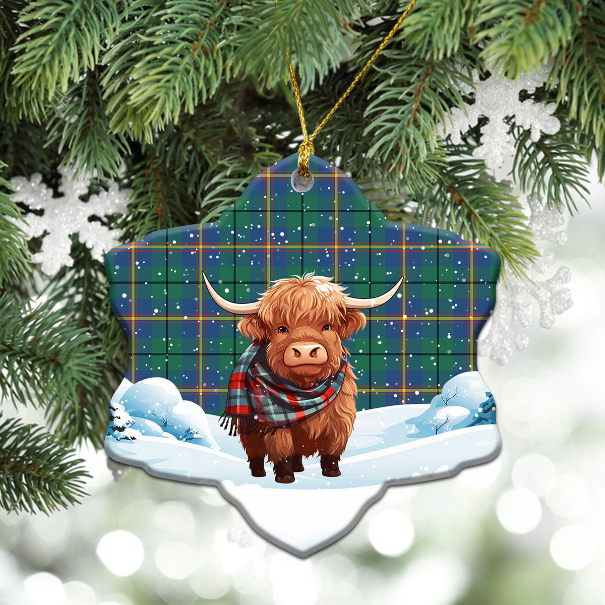 Carmichael Ancient Tartan Christmas Ceramic Ornament - Highland Cows Snow Style