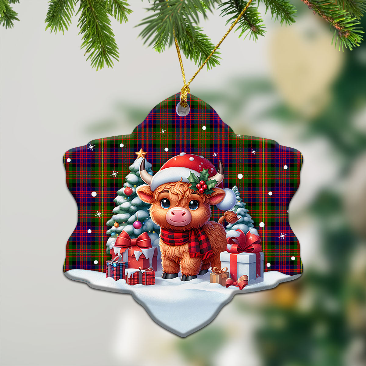 Carnegie Modern Tartan Christmas Ceramic Ornament - Highland Cow Winter Style