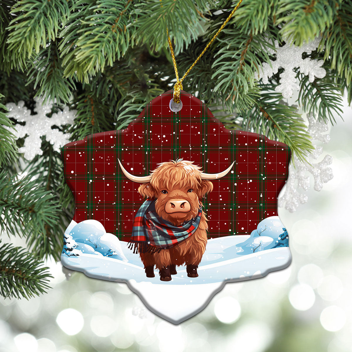 Carruthers Tartan Christmas Ceramic Ornament - Highland Cows Snow Style