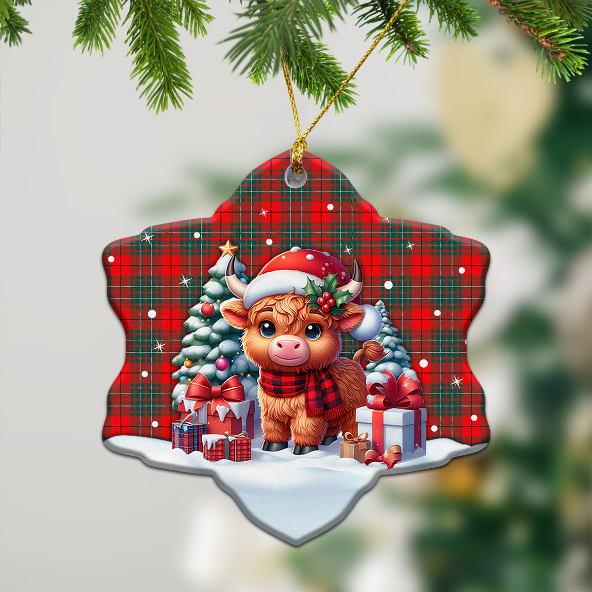 Cheyne Tartan Christmas Ceramic Ornament - Highland Cow Winter Style