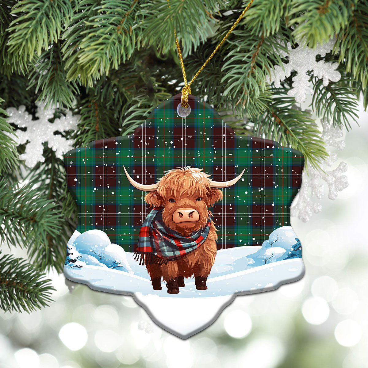 Chisholm Hunting Ancient Tartan Christmas Ceramic Ornament - Highland Cows Snow Style