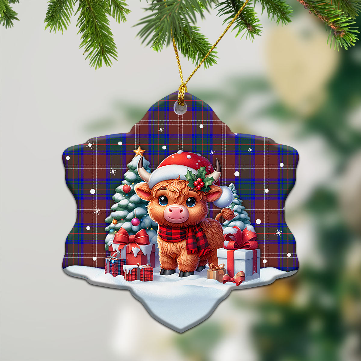 Chisholm Hunting Modern Tartan Christmas Ceramic Ornament - Highland Cow Winter Style