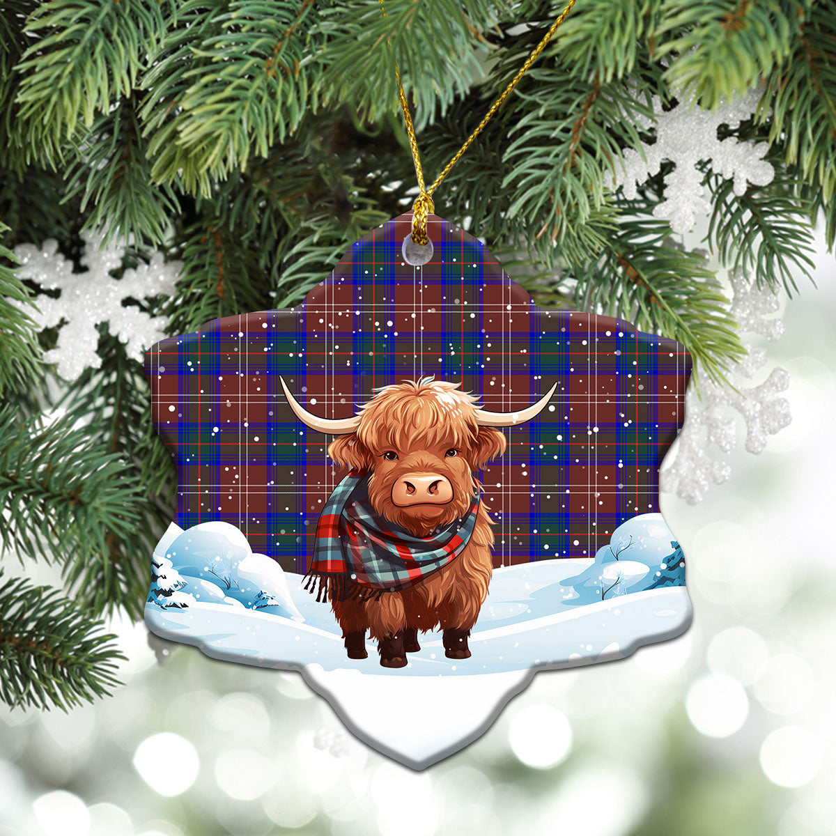 Chisholm Hunting Modern Tartan Christmas Ceramic Ornament - Highland Cows Snow Style