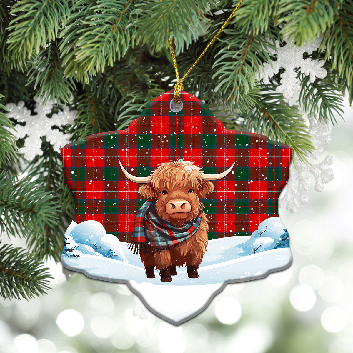 Chisholm Modern Tartan Christmas Ceramic Ornament - Highland Cows Snow Style