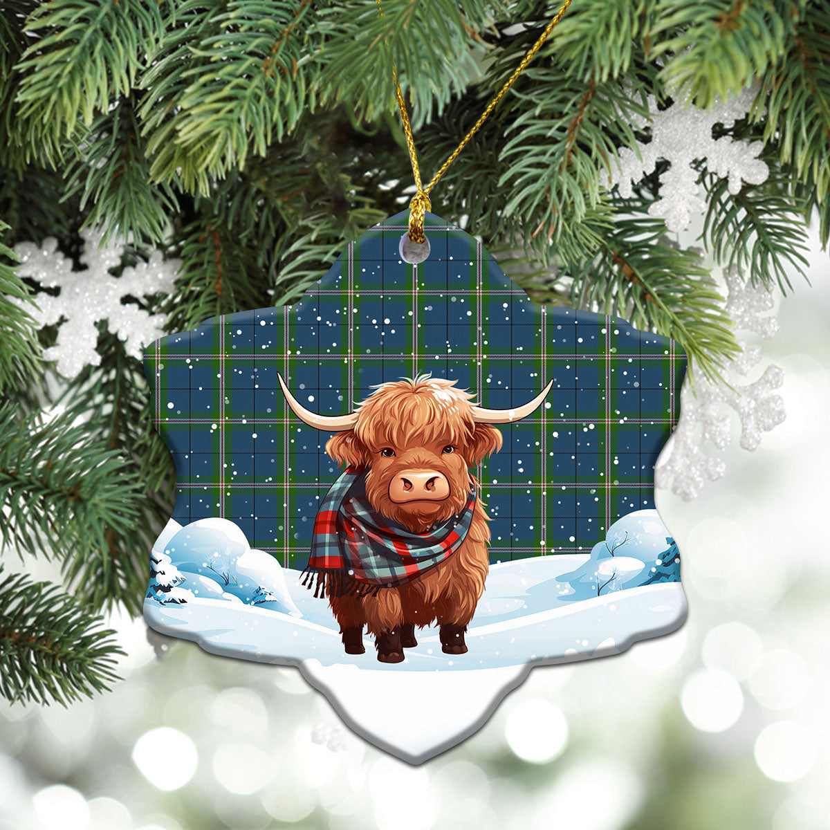 Clelland Tartan Christmas Ceramic Ornament - Highland Cows Snow Style