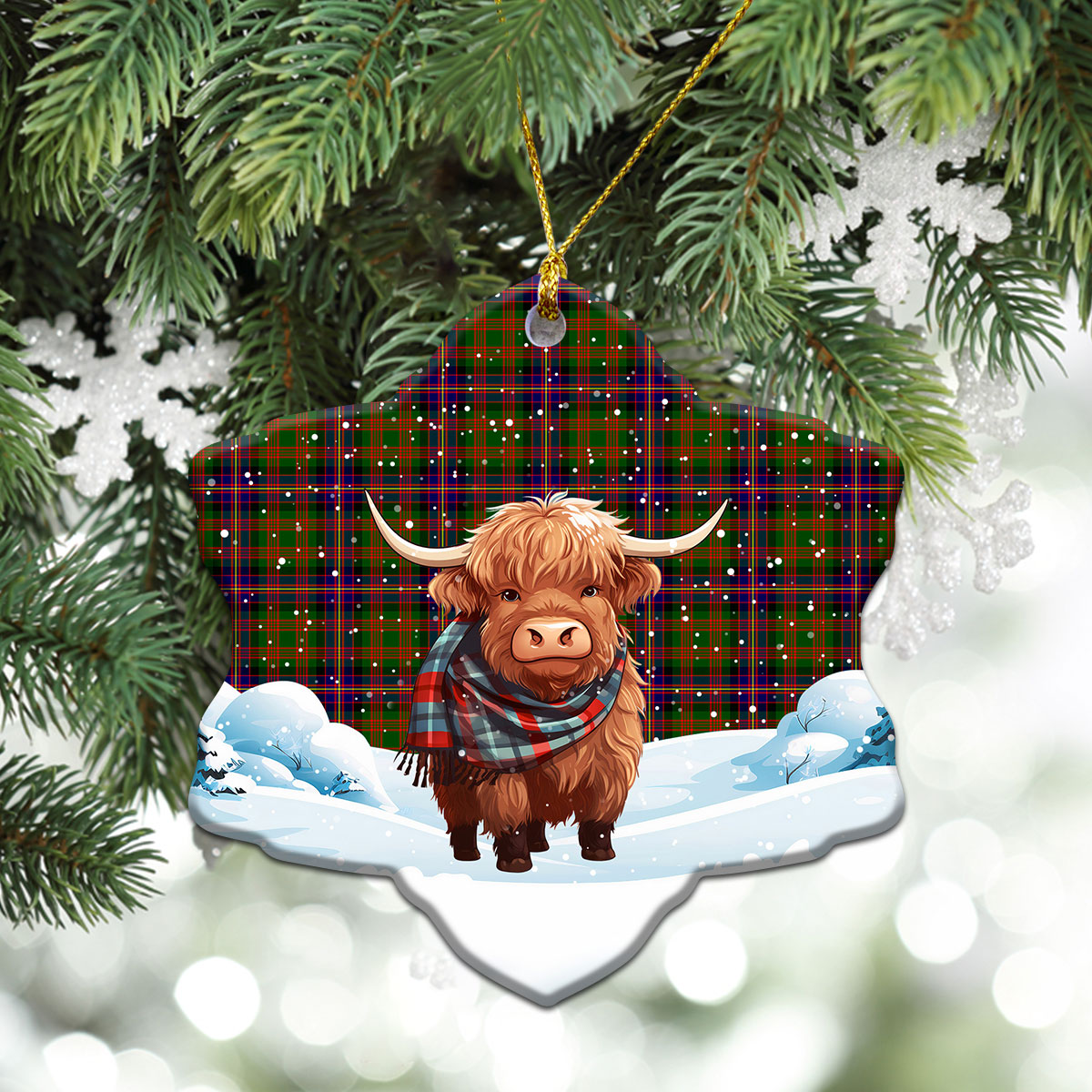 Cochrane Modern Tartan Christmas Ceramic Ornament - Highland Cows Snow Style