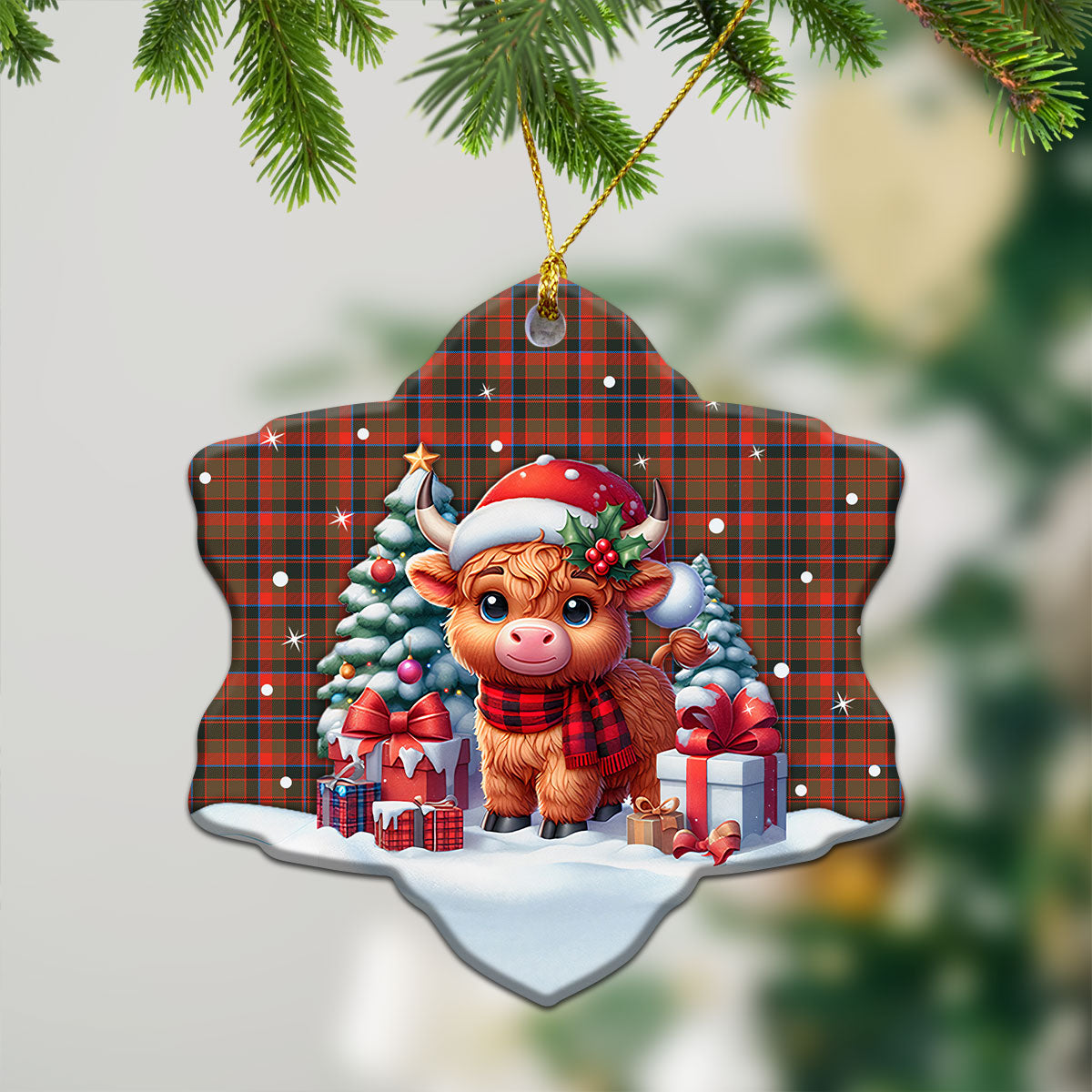 Cumming Hunting Weathered Tartan Christmas Ceramic Ornament - Highland Cow Winter Style