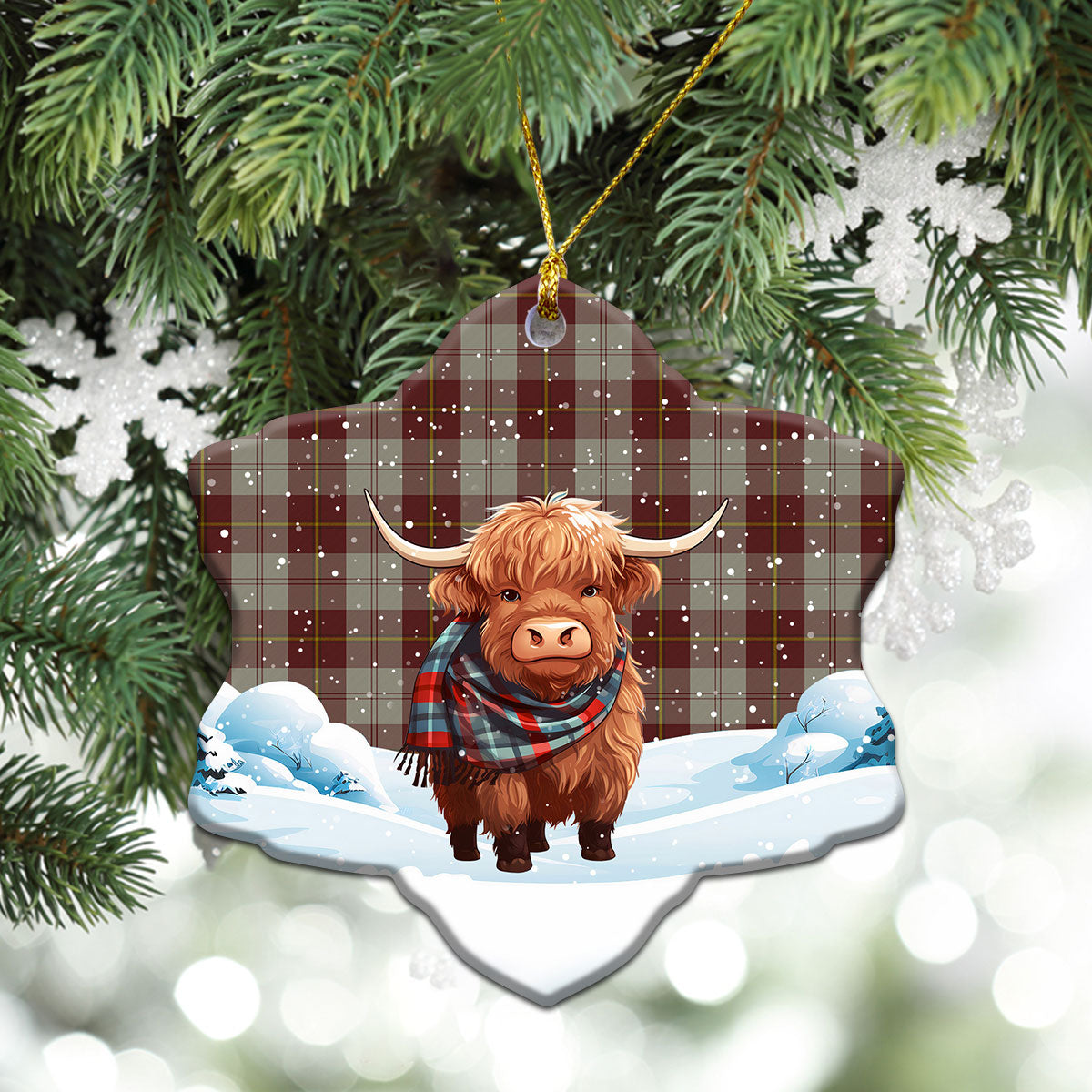 Cunningham Burgundy Dancers Tartan Christmas Ceramic Ornament - Highland Cows Snow Style