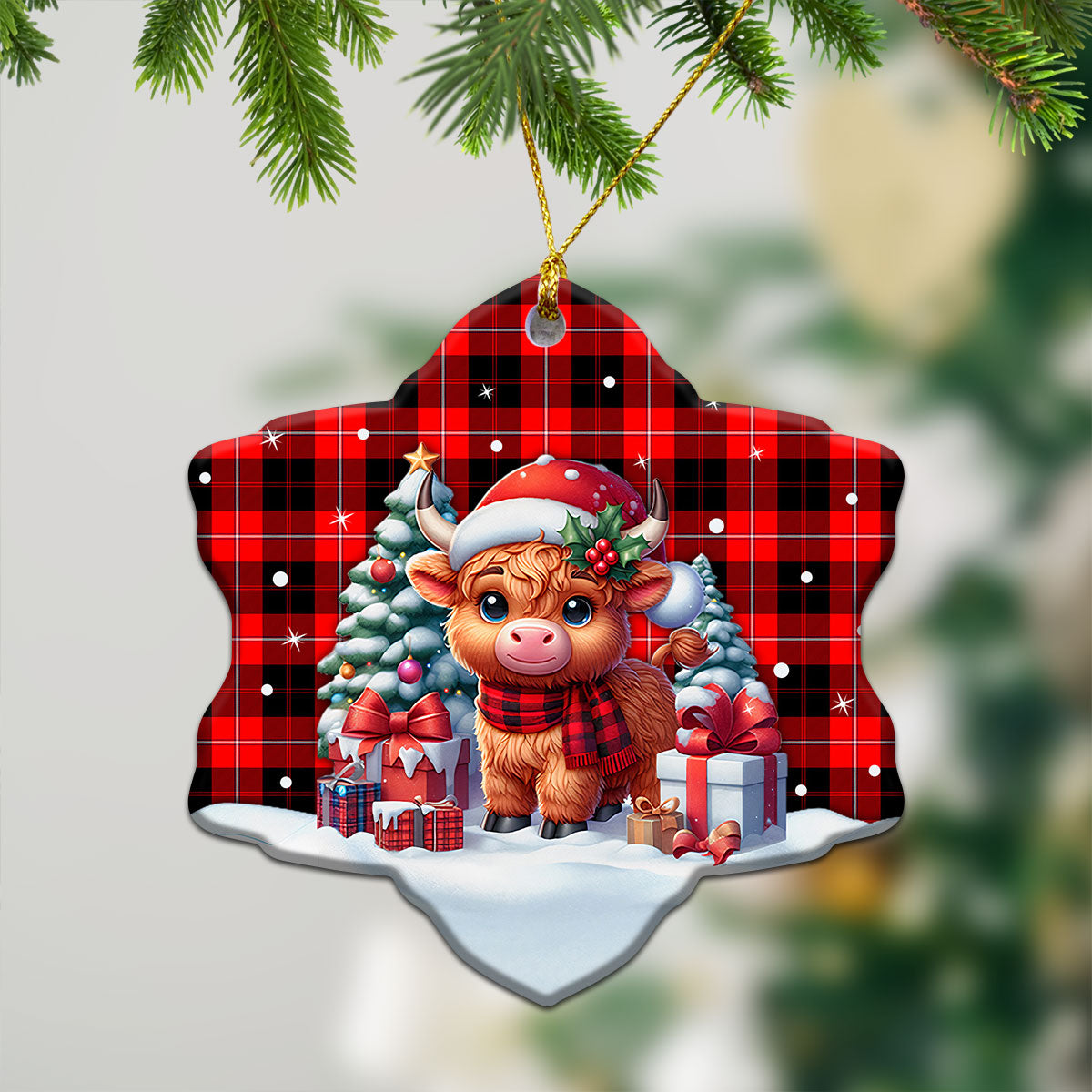 Cunningham Modern Tartan Christmas Ceramic Ornament - Highland Cow Winter Style