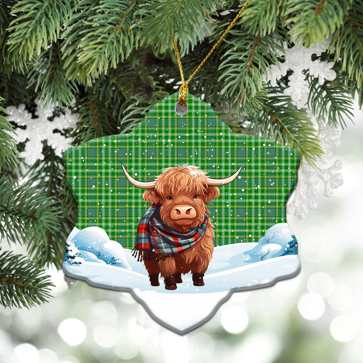 Currie Tartan Christmas Ceramic Ornament - Highland Cows Snow Style