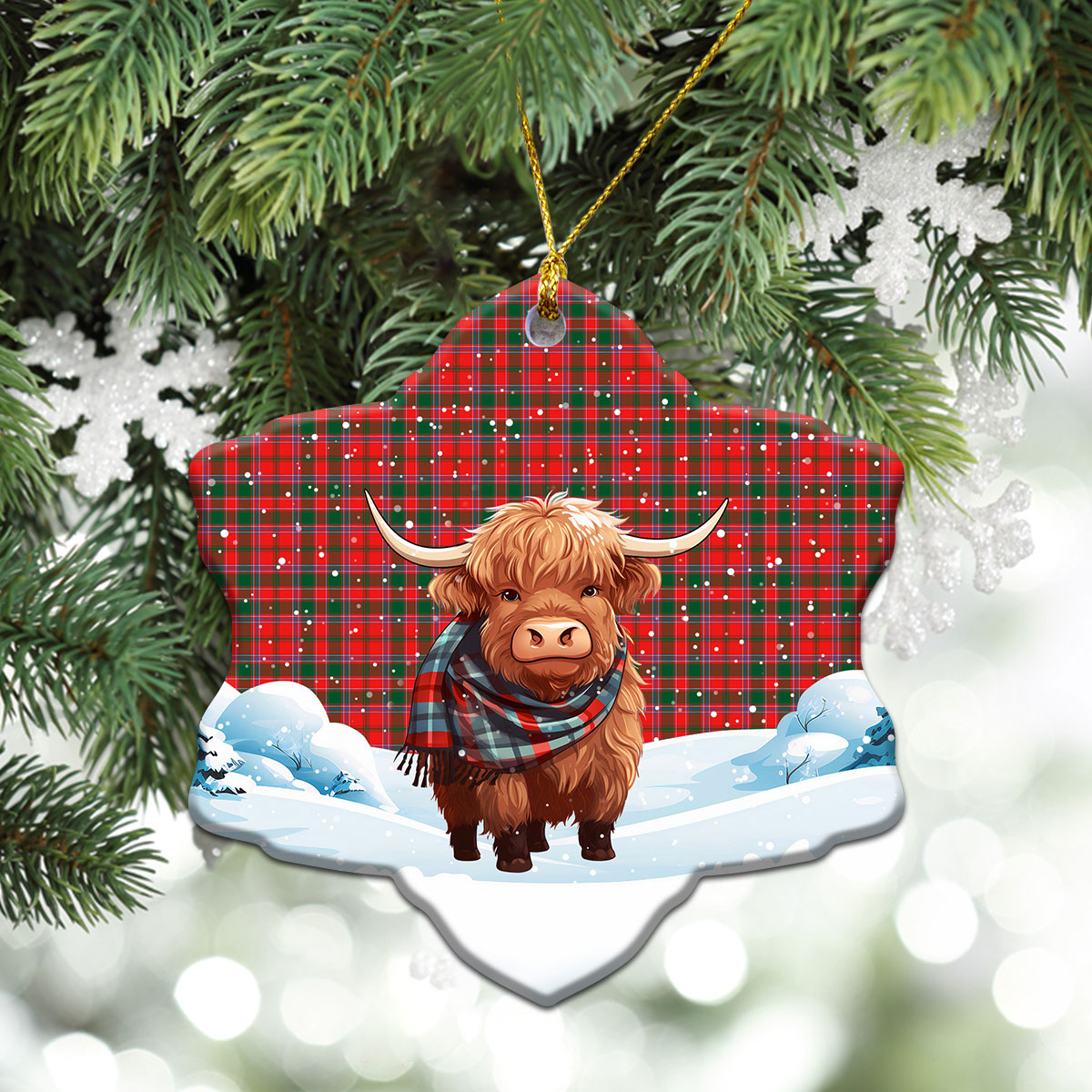 Dalziel Modern Tartan Christmas Ceramic Ornament - Highland Cows Snow Style