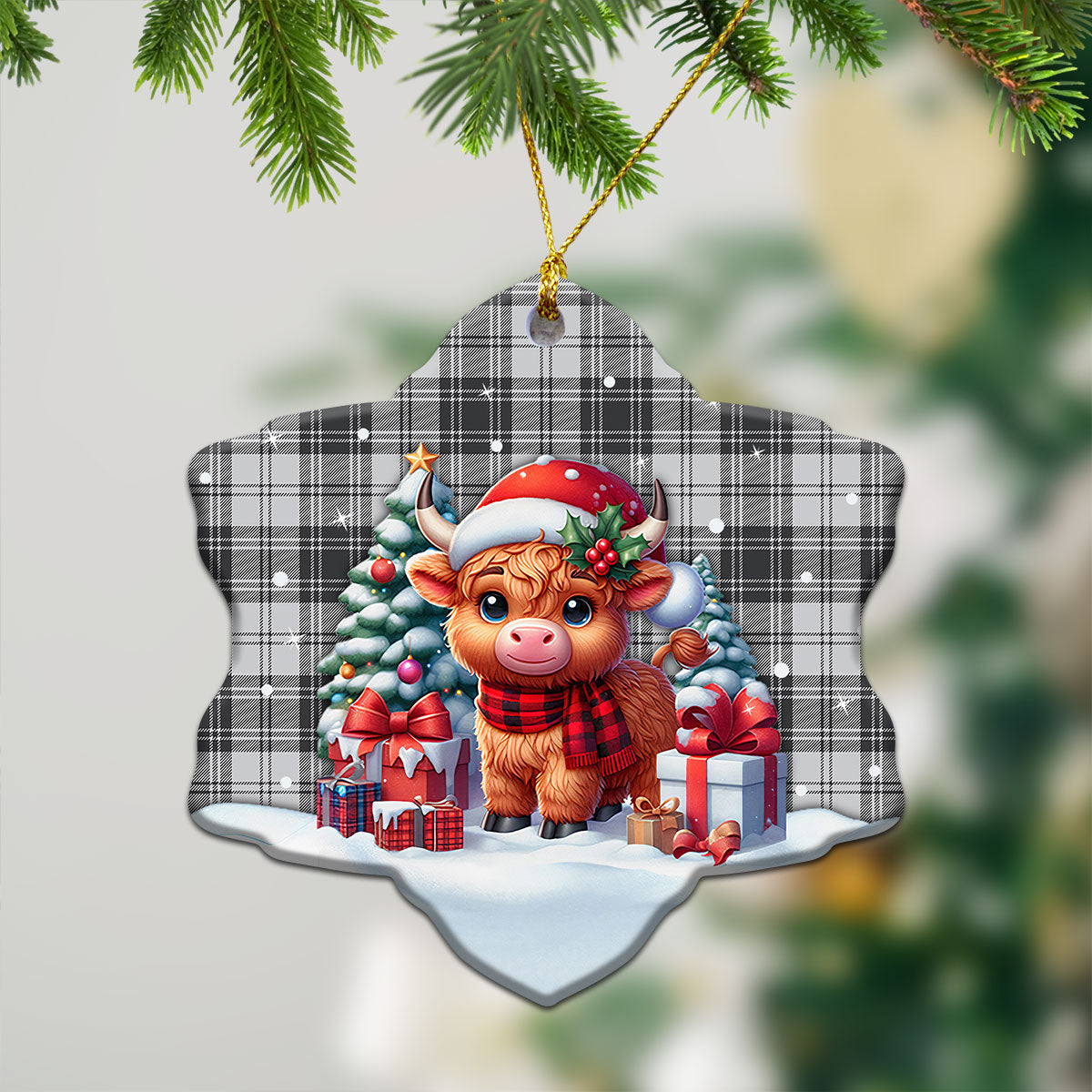 Douglas Grey Modern Tartan Christmas Ceramic Ornament - Highland Cow Winter Style