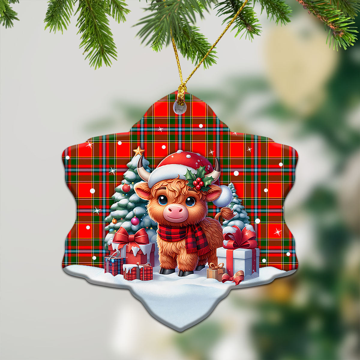 Drummond of Perth Tartan Christmas Ceramic Ornament - Highland Cow Winter Style