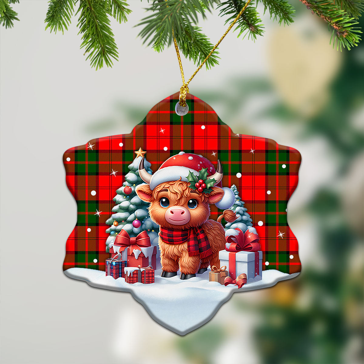 Dunbar Modern Tartan Christmas Ceramic Ornament - Highland Cow Winter Style