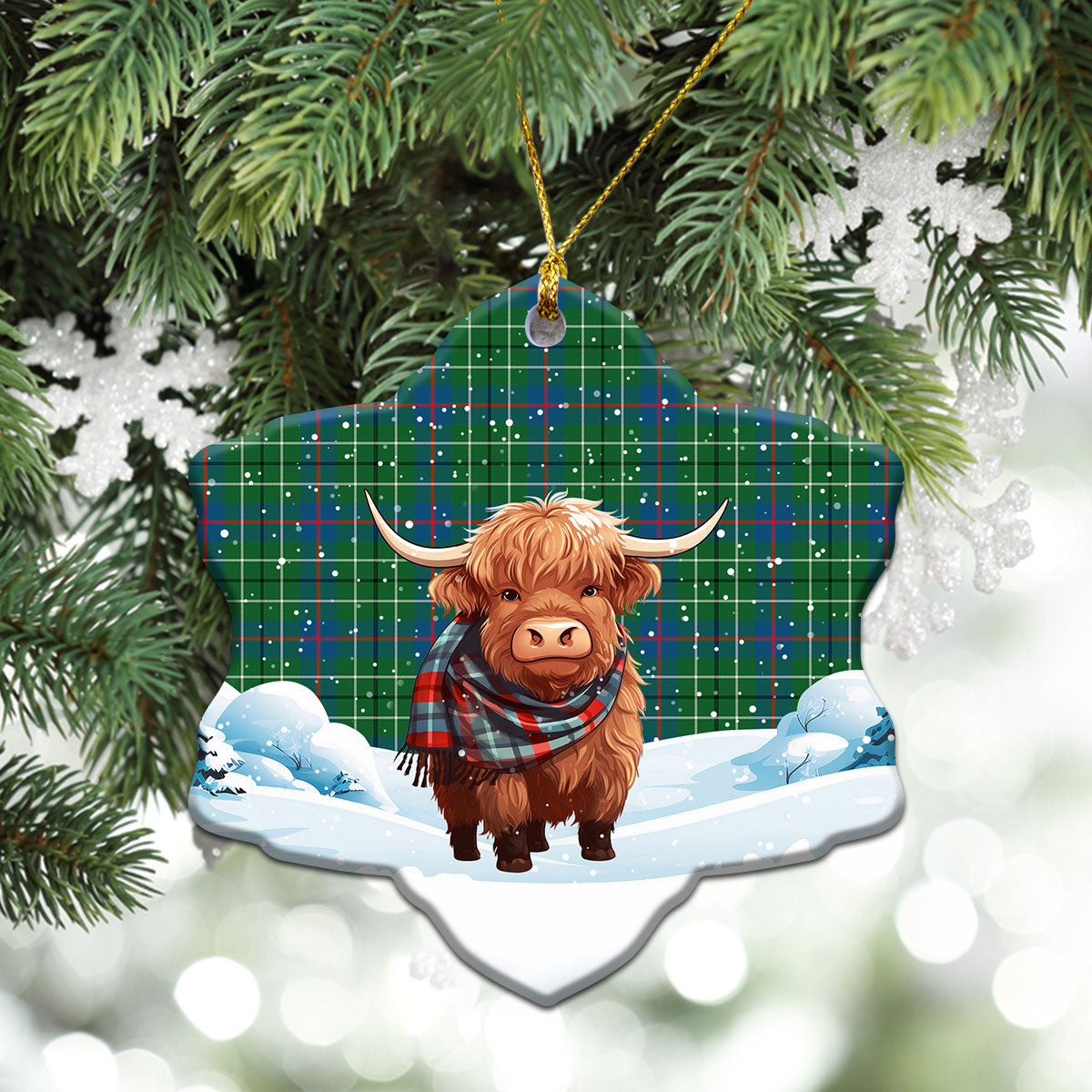 Duncanson Tartan Christmas Ceramic Ornament - Highland Cows Snow Style