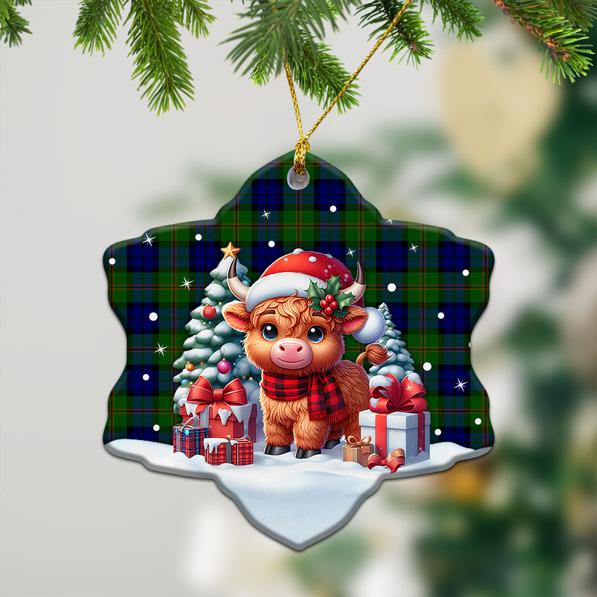 Dundas Modern Tartan Christmas Ceramic Ornament - Highland Cow Winter Style