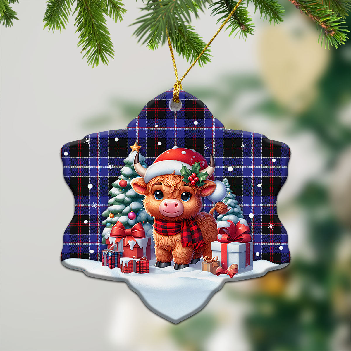 Dunlop Modern Tartan Christmas Ceramic Ornament - Highland Cow Winter Style