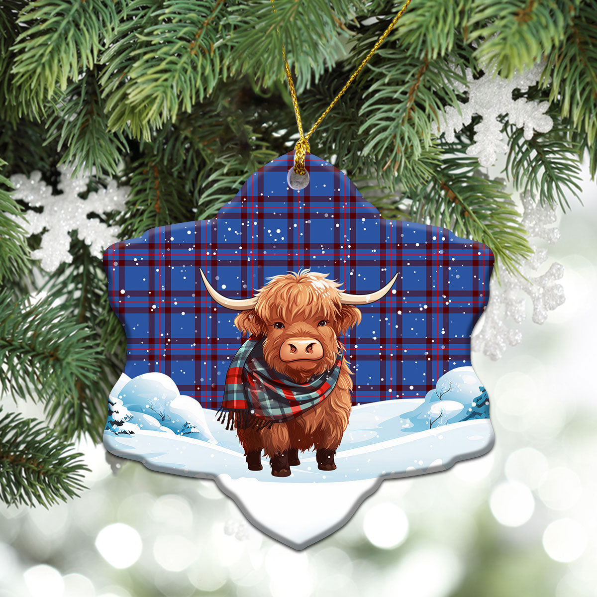 Elliot Modern Tartan Christmas Ceramic Ornament - Highland Cows Snow Style