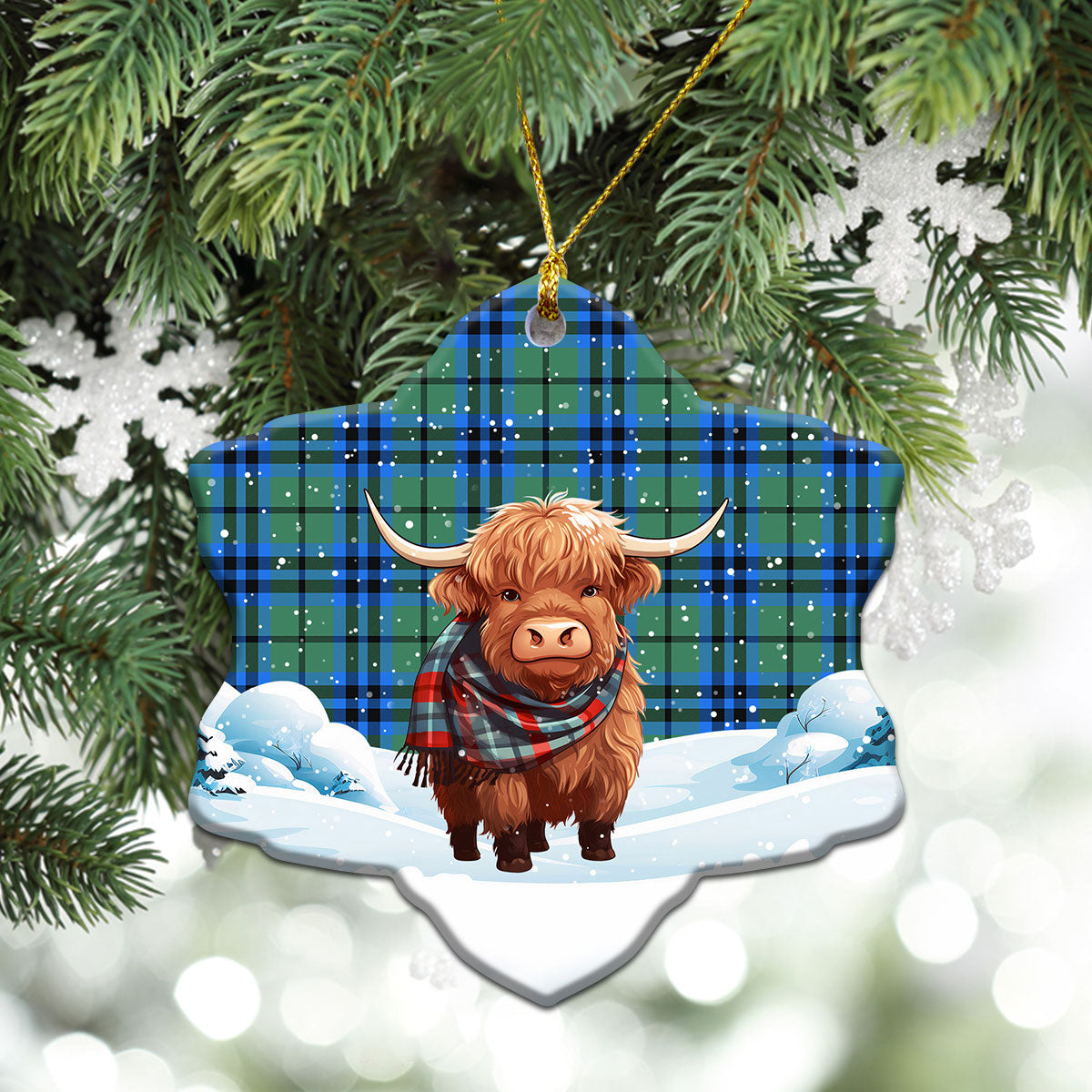 Falconer Tartan Christmas Ceramic Ornament - Highland Cows Snow Style