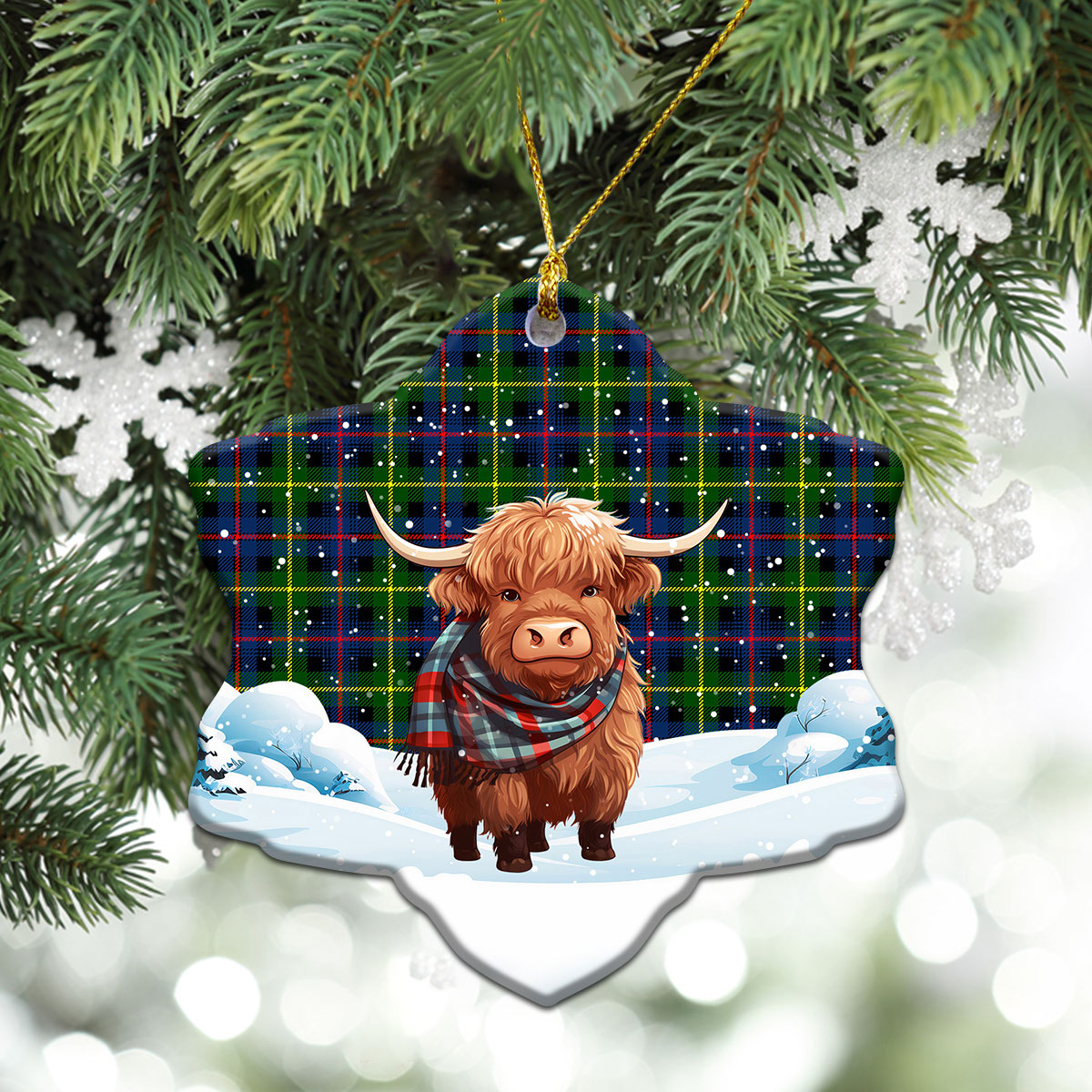 Farquharson Modern Tartan Christmas Ceramic Ornament - Highland Cows Snow Style