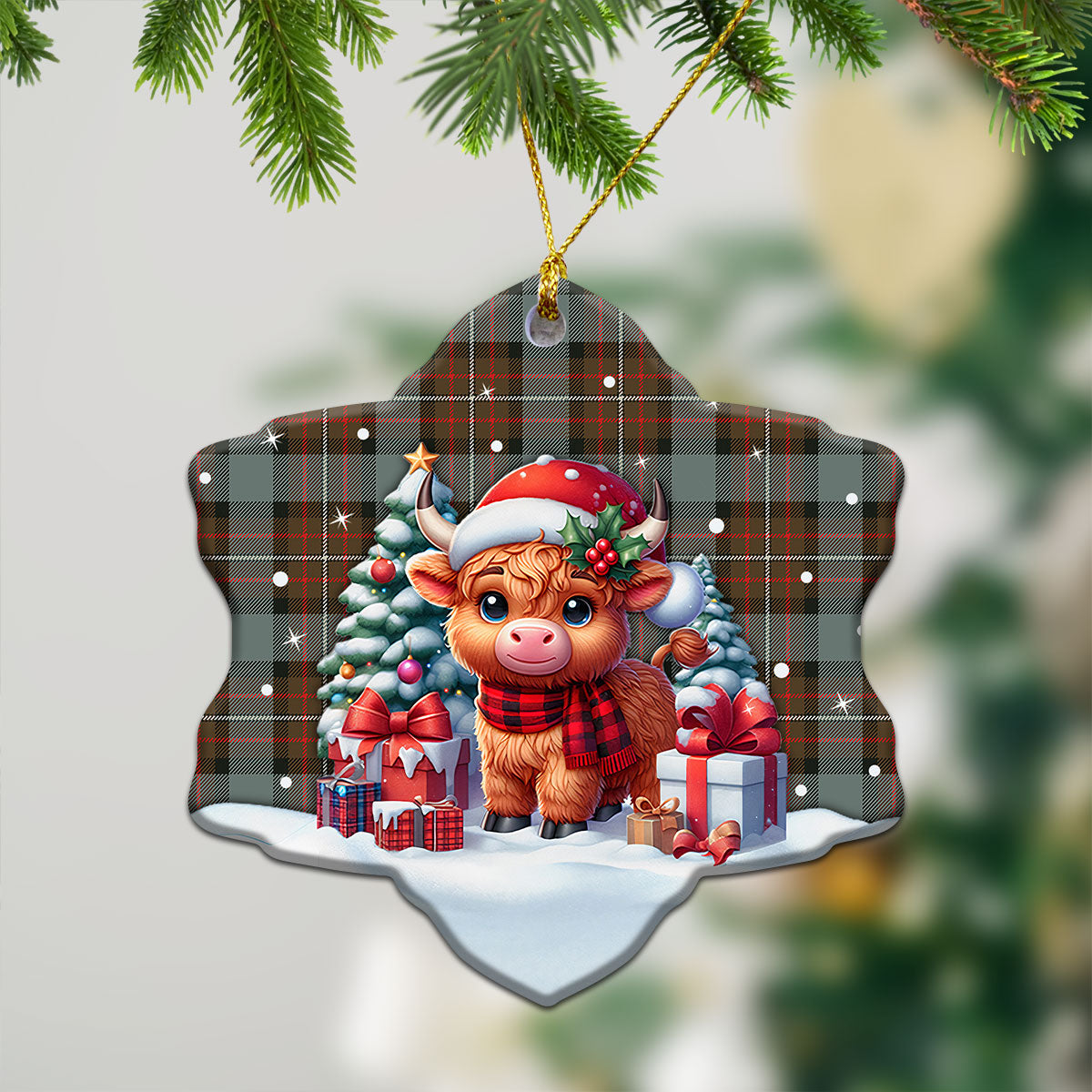 Fergusson Weathered Tartan Christmas Ceramic Ornament - Highland Cow Winter Style