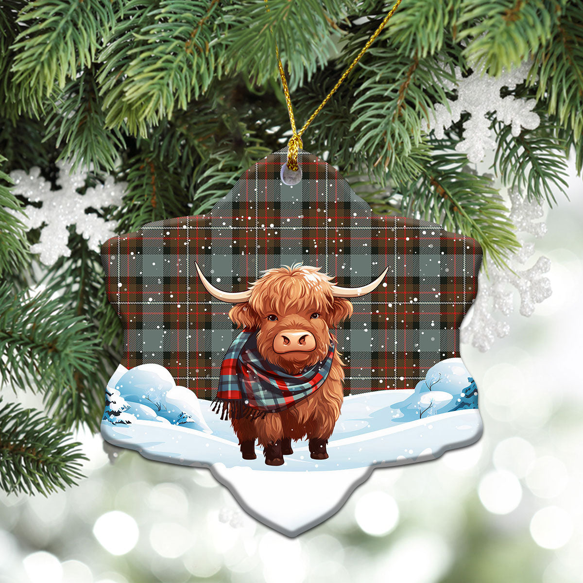 Fergusson Weathered Tartan Christmas Ceramic Ornament - Highland Cows Snow Style