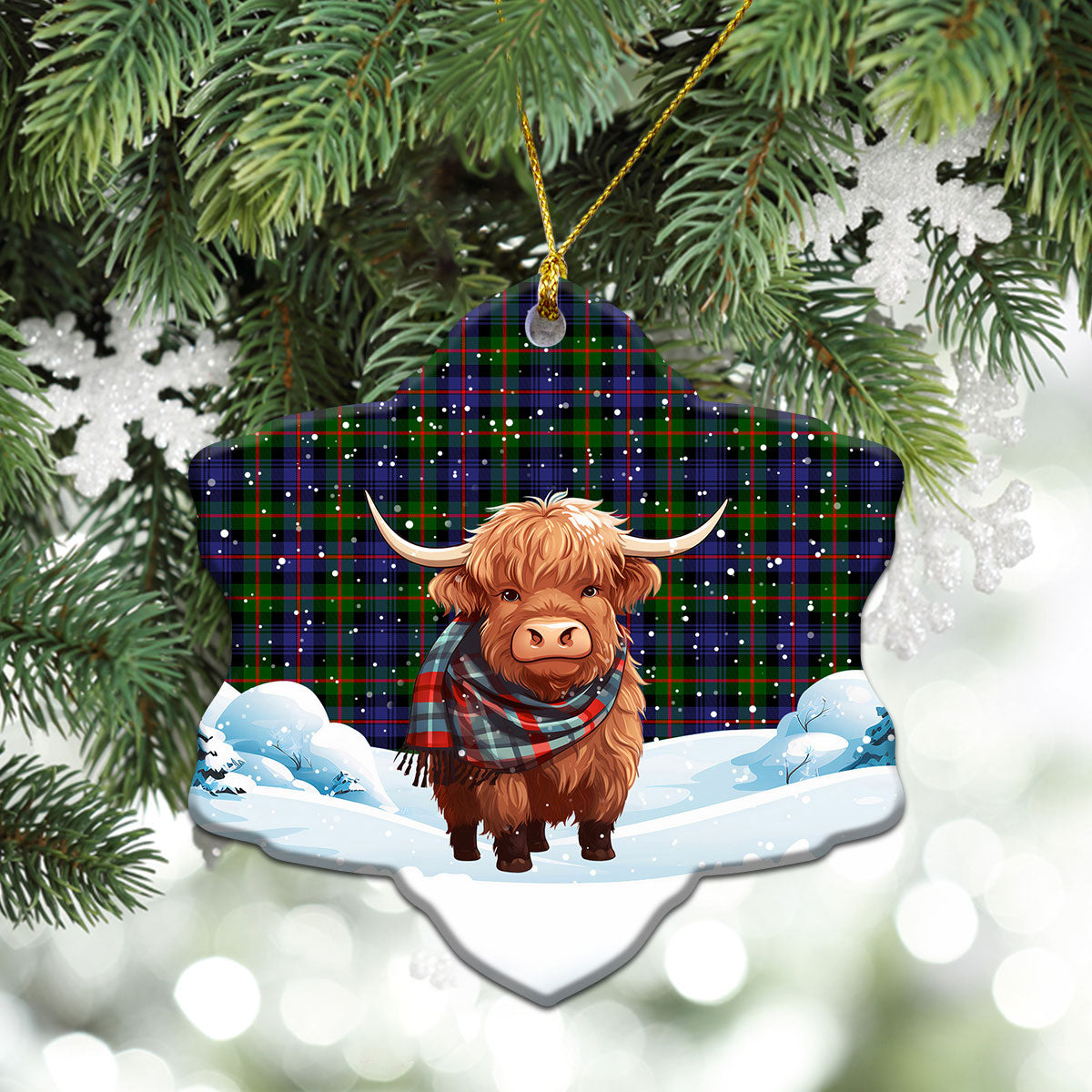 Fleming Tartan Christmas Ceramic Ornament - Highland Cows Snow Style