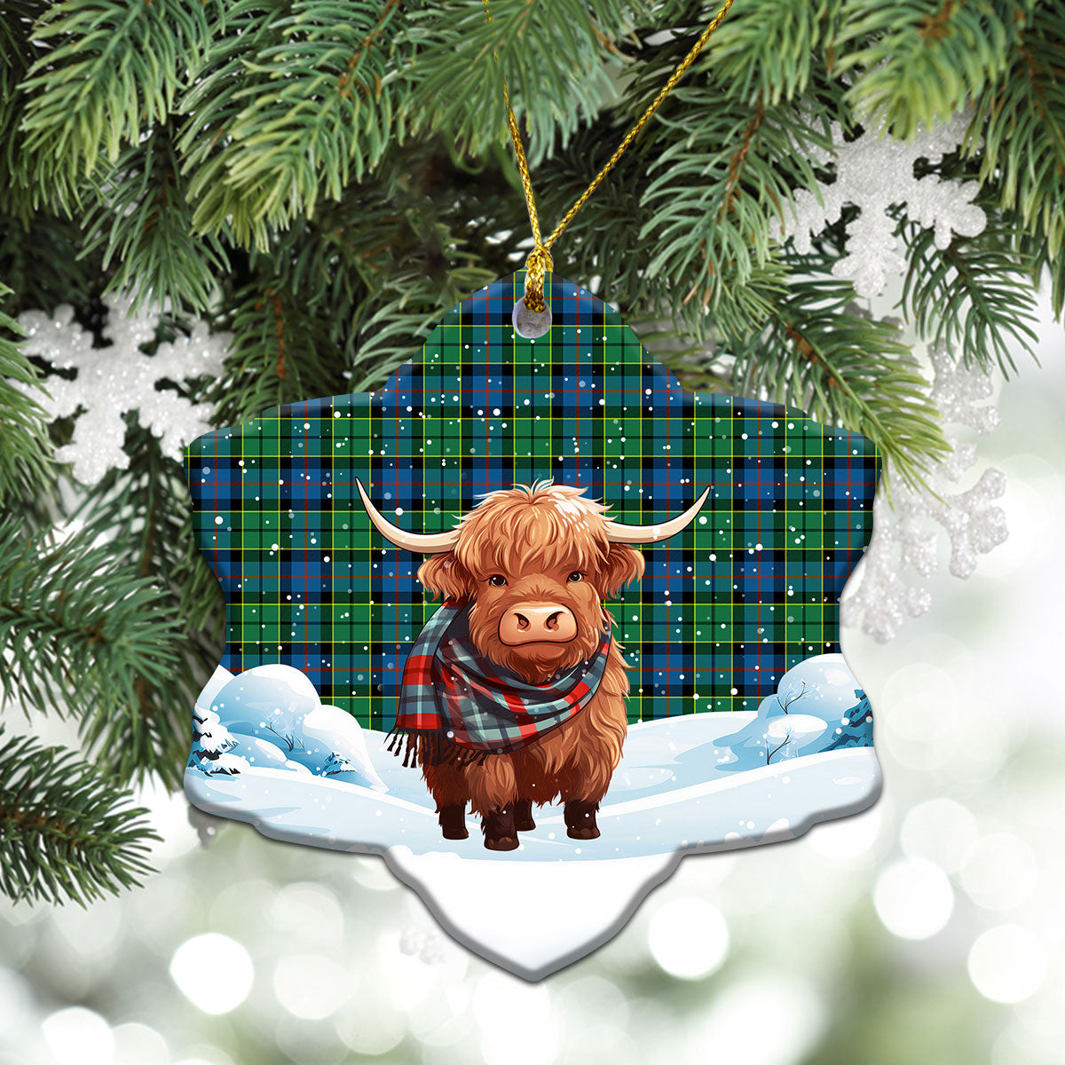 Forsyth Ancient Tartan Christmas Ceramic Ornament - Highland Cows Snow Style