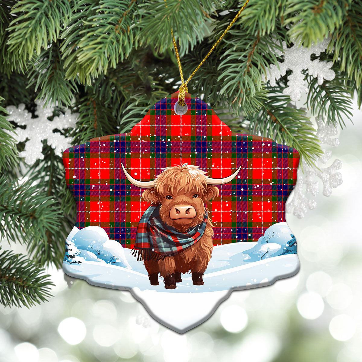 Fraser Tartan Christmas Ceramic Ornament - Highland Cows Snow Style