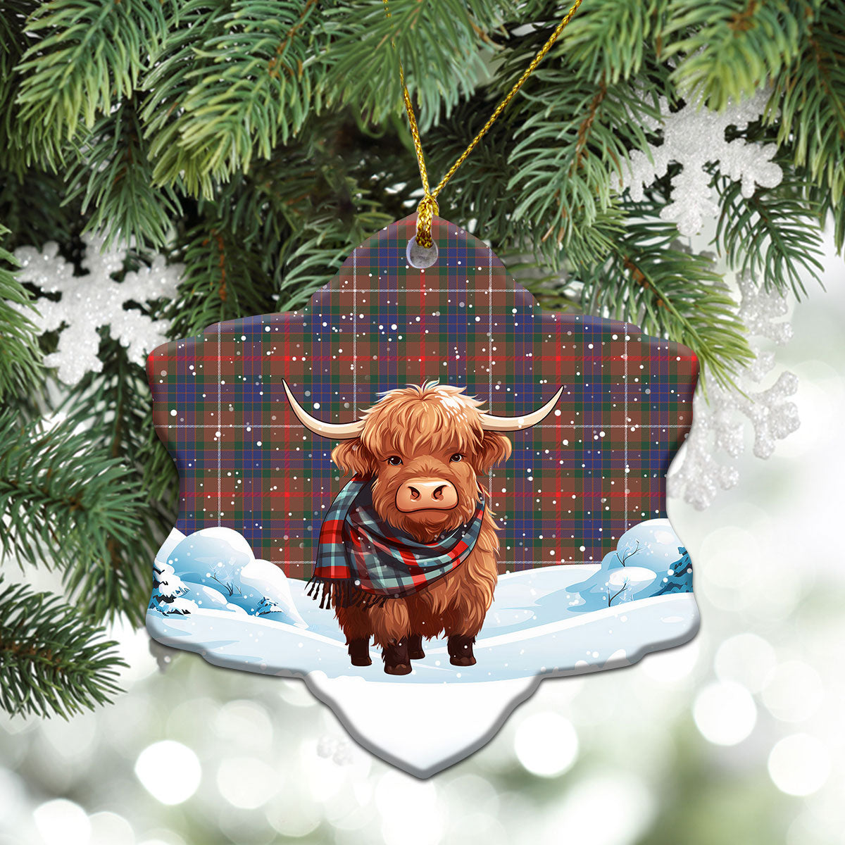 Fraser (of Lovat) Hunting Modern Tartan Christmas Ceramic Ornament - Highland Cows Snow Style