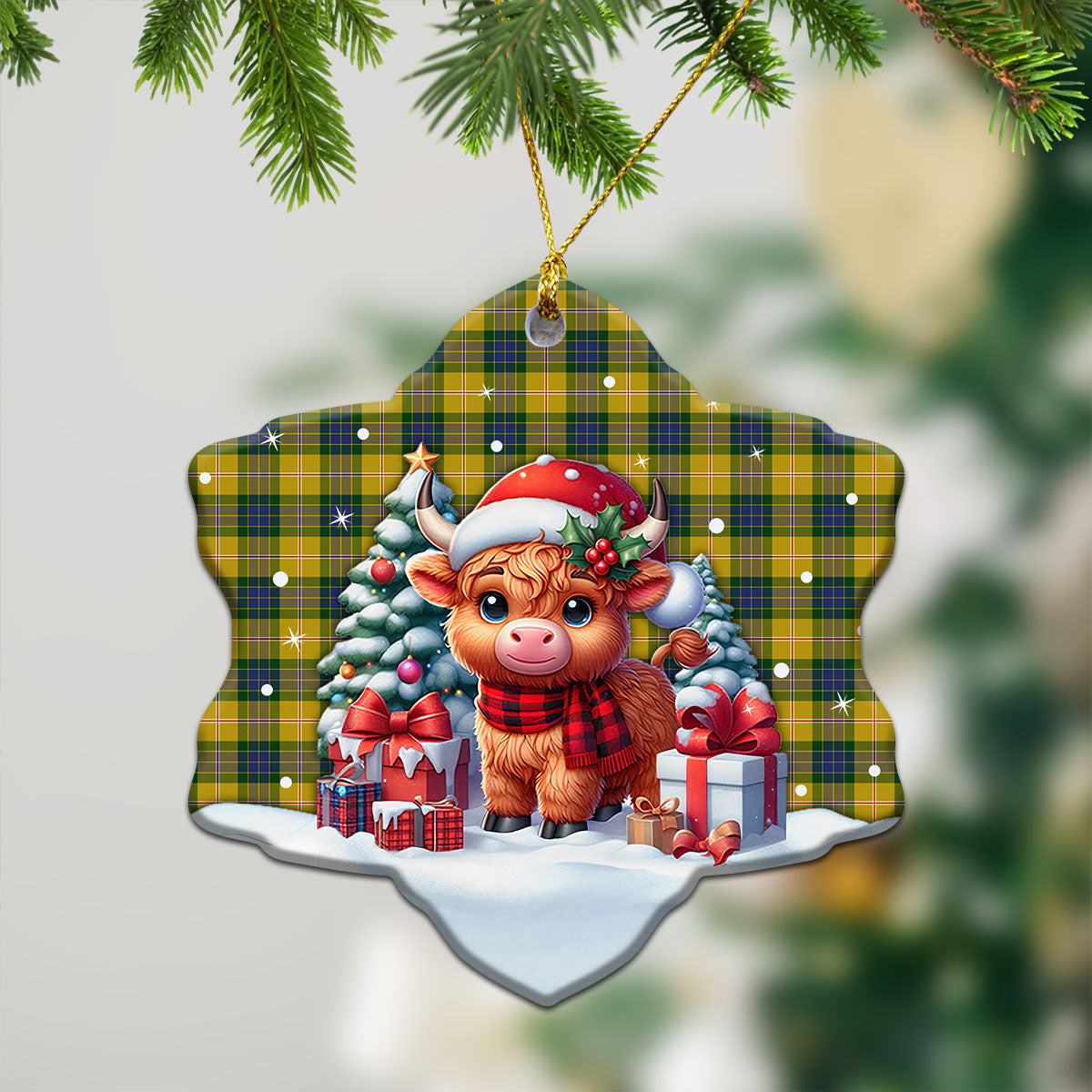 Fraser (of Lovat) Yellow Tartan Christmas Ceramic Ornament - Highland Cow Winter Style