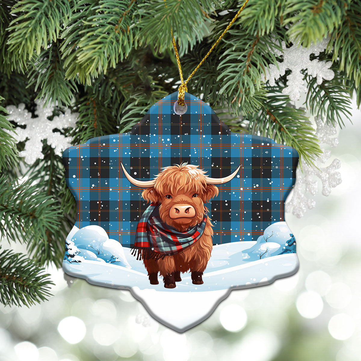 Garden Tartan Christmas Ceramic Ornament - Highland Cows Snow Style