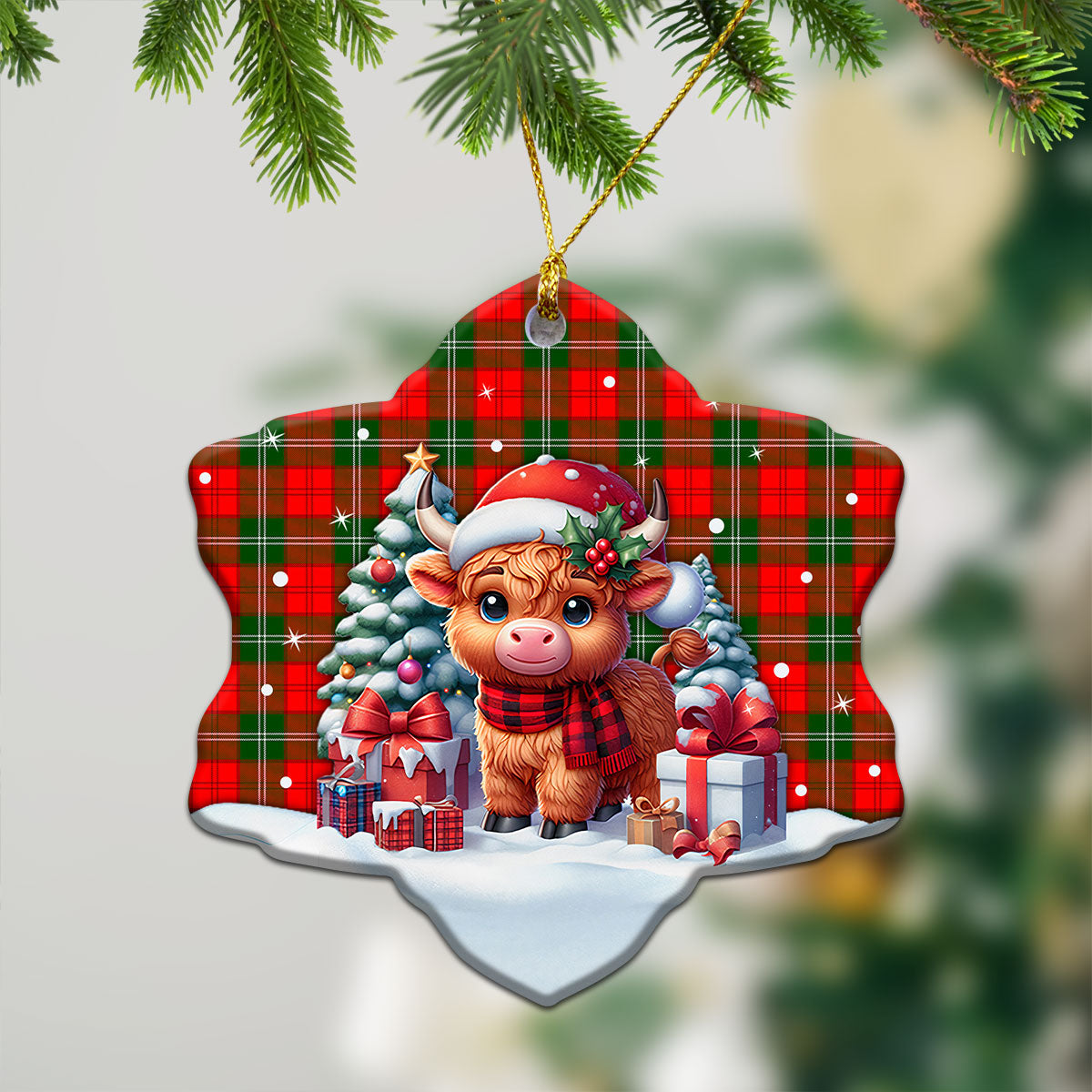 Gartshore Tartan Christmas Ceramic Ornament - Highland Cow Winter Style