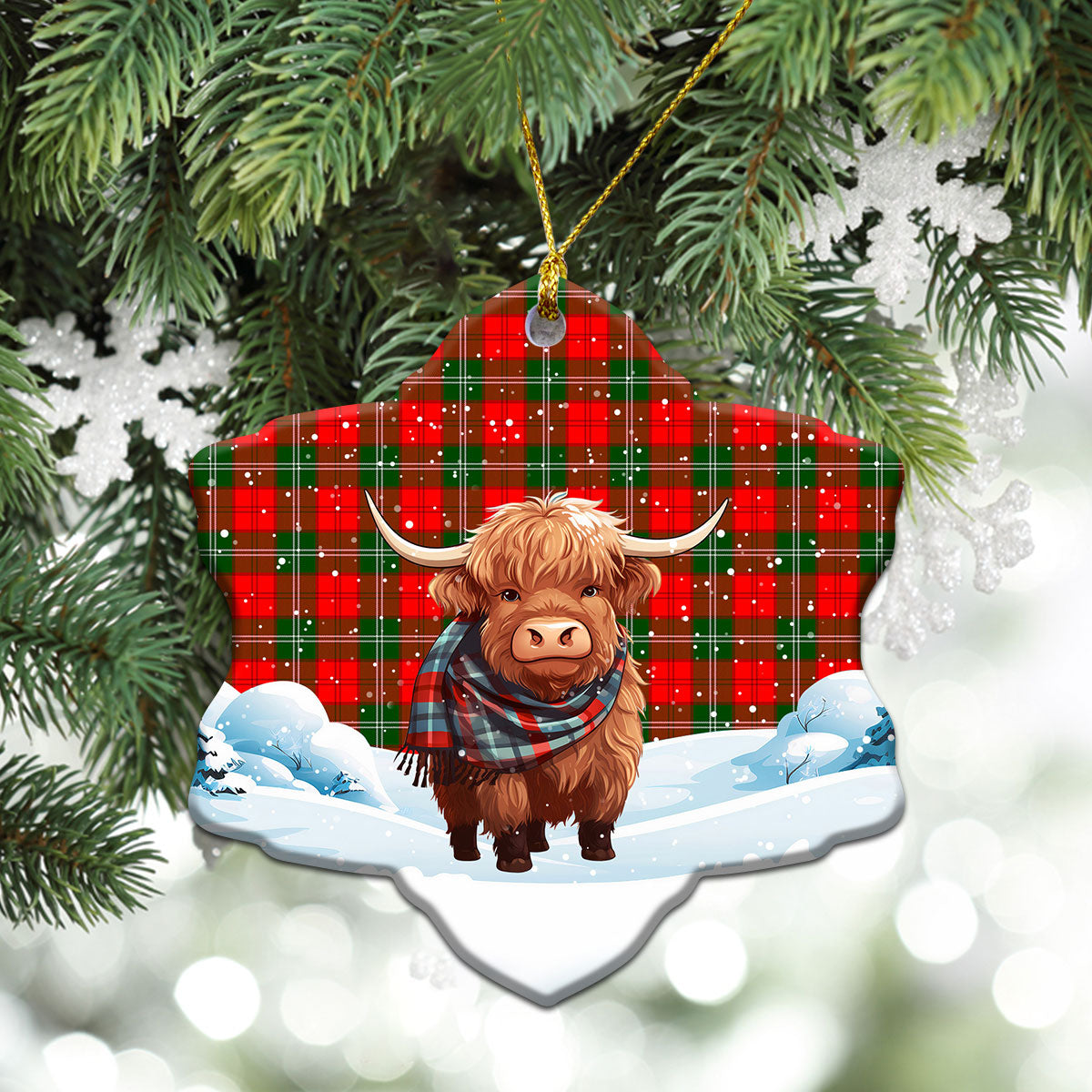 Gartshore Tartan Christmas Ceramic Ornament - Highland Cows Snow Style