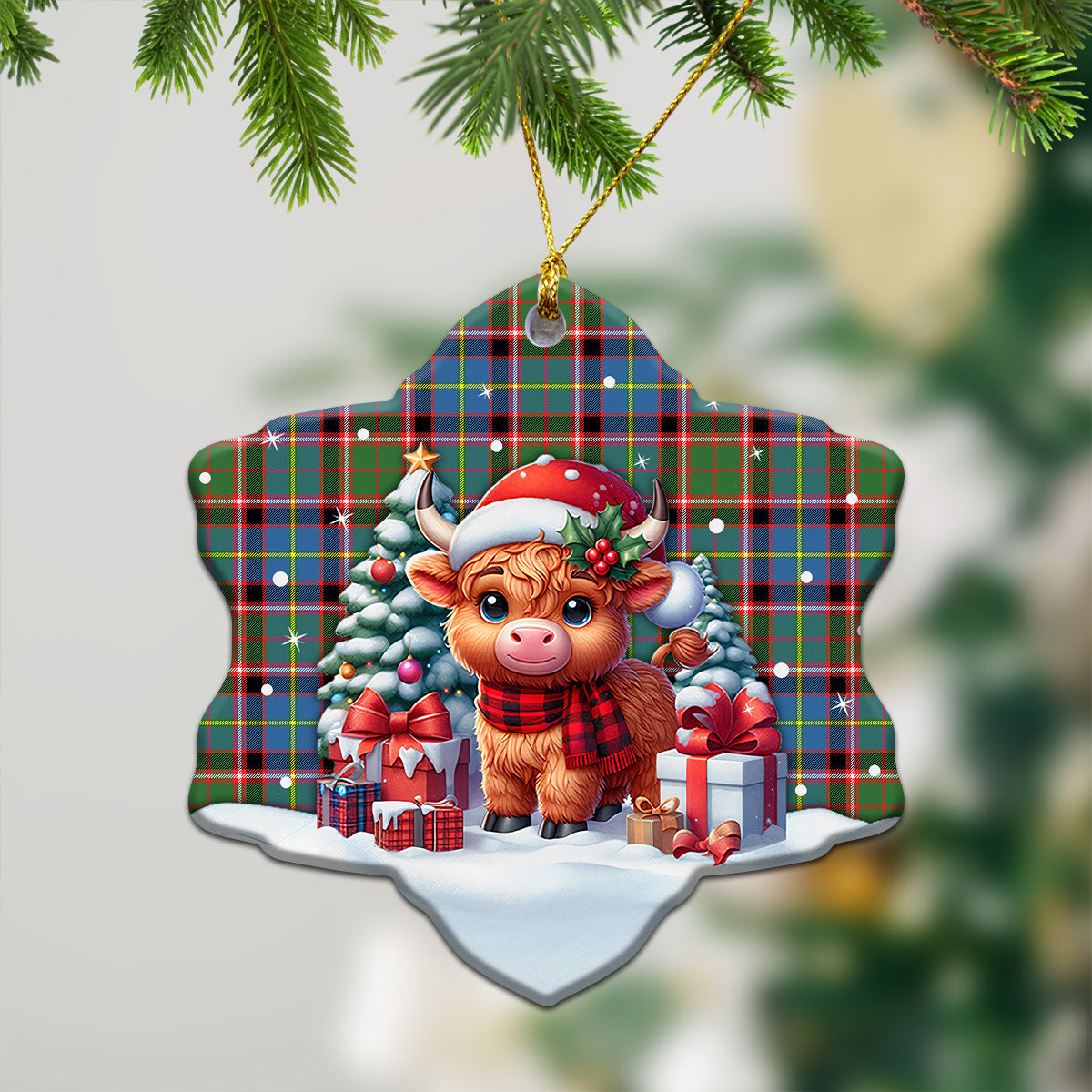 Glass Tartan Christmas Ceramic Ornament - Highland Cow Winter Style