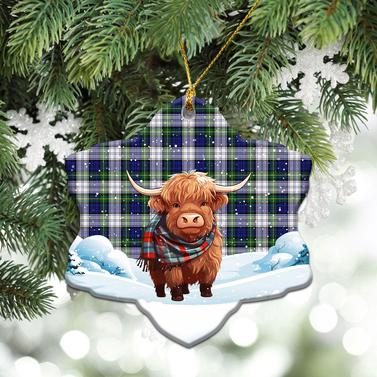 Gordon Dress Modern Tartan Christmas Ceramic Ornament - Highland Cows Snow Style