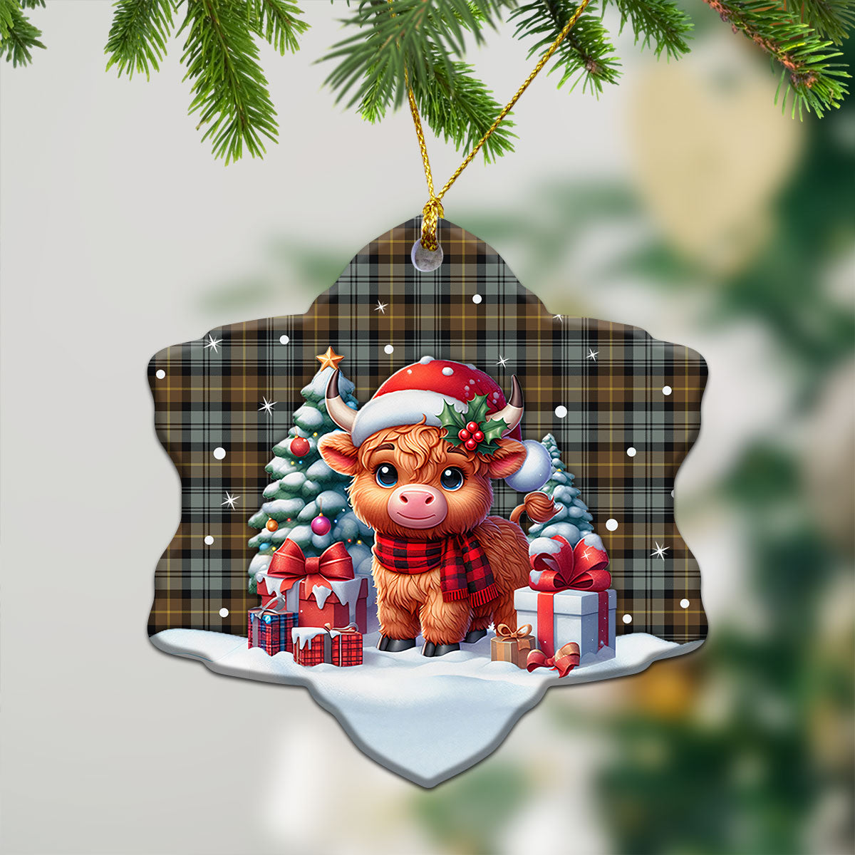 Gordon Weathered Tartan Christmas Ceramic Ornament - Highland Cow Winter Style