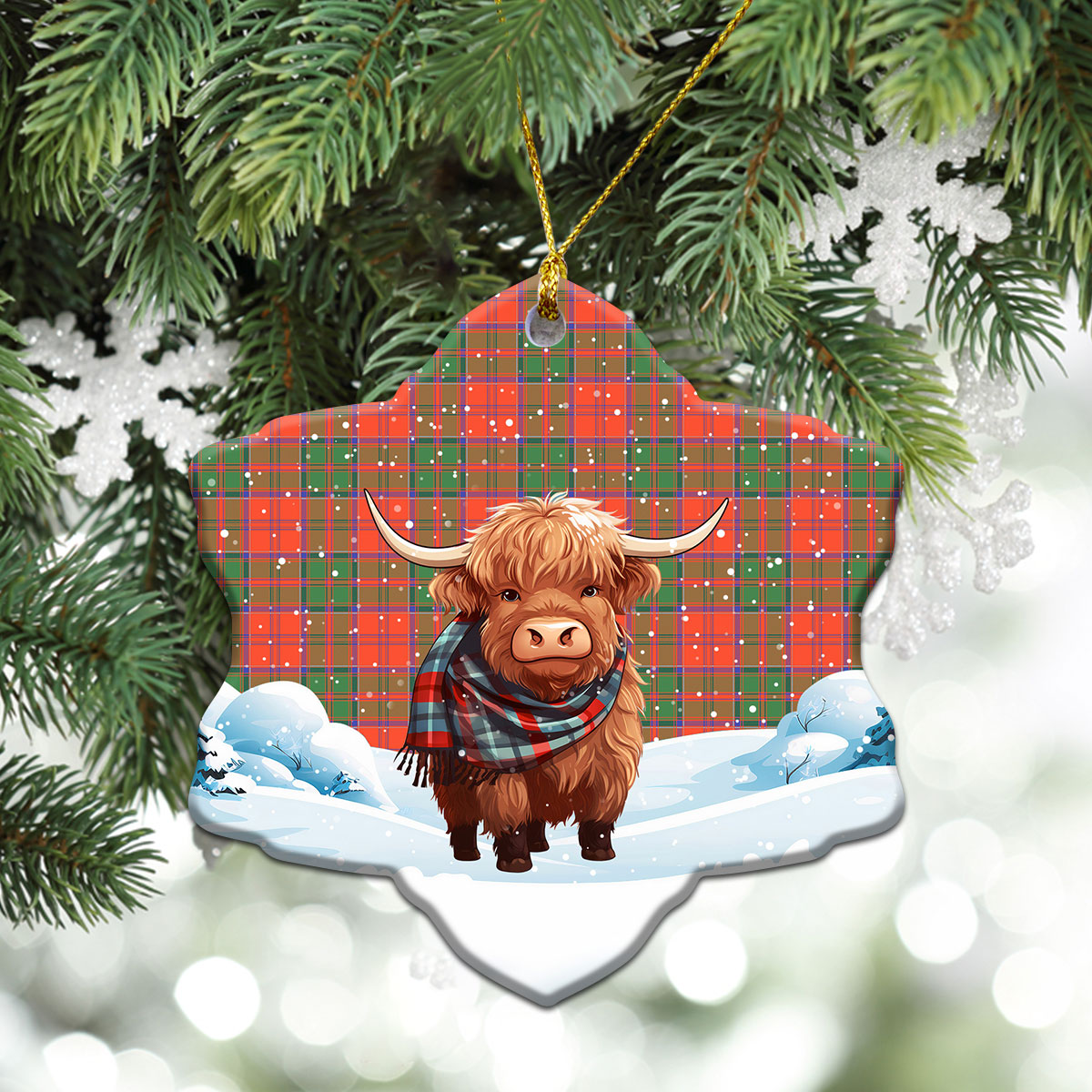 Grant Ancient Tartan Christmas Ceramic Ornament - Highland Cows Snow Style