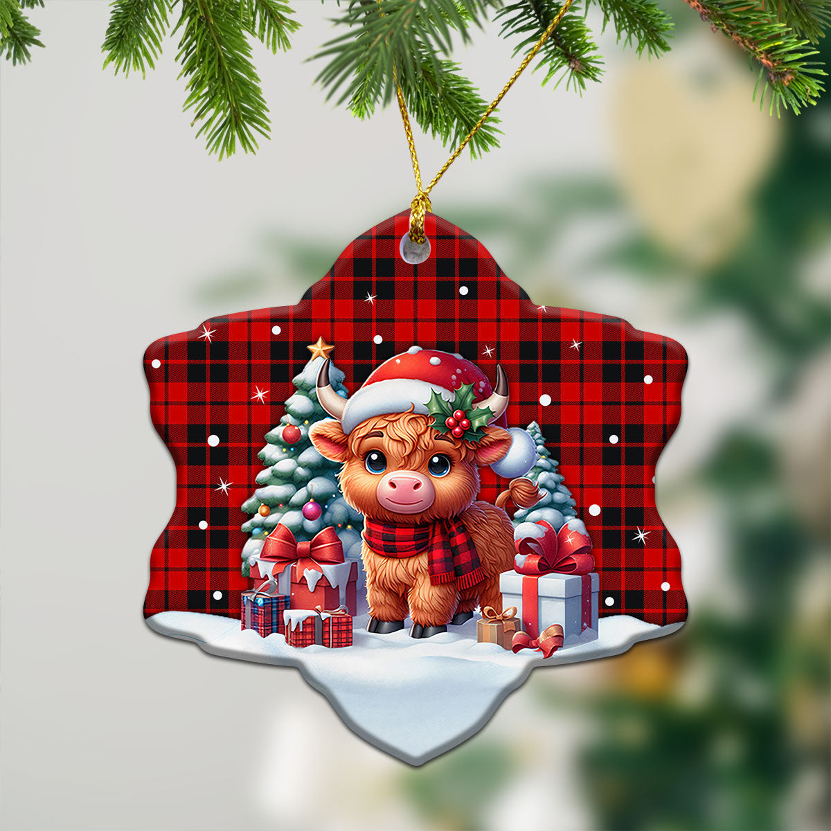 Hogg Tartan Christmas Ceramic Ornament - Highland Cow Winter Style