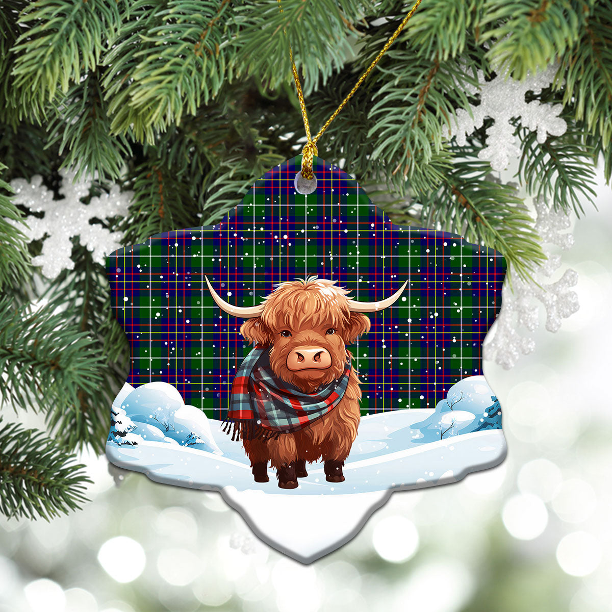 Inglis Modern Tartan Christmas Ceramic Ornament - Highland Cows Snow Style